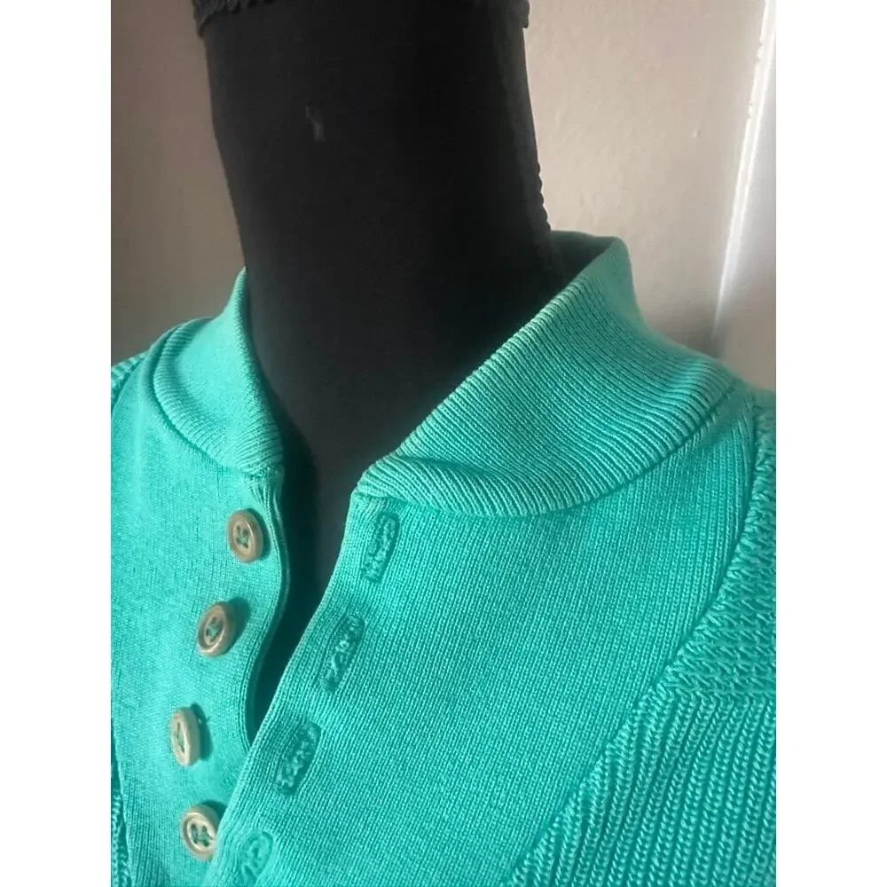 Vintage 80s Lands End Made in USA Cotton Henley Sweater Emerald Green XL Long